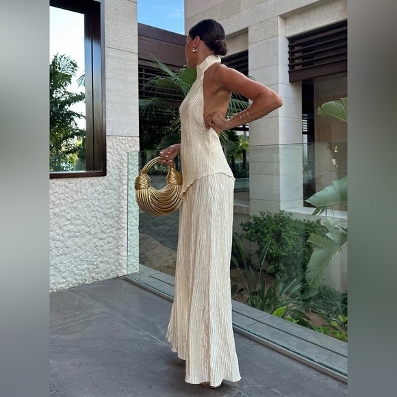 Commense Pants - Commense Asymmetric Halter Crop Top With Wide Leg Pants Set